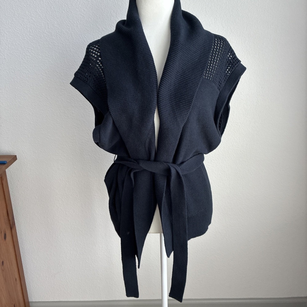 Rag & Bone Navy Blue Short Sleeve Belted Wrap Cardigan Crochet Knit Shawl Collar